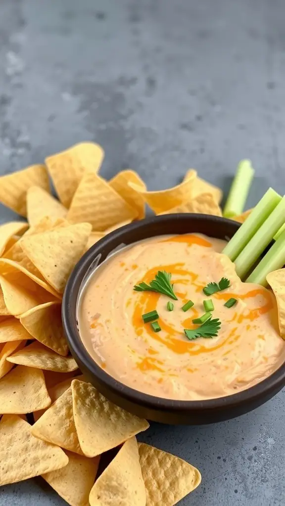 A bowl of Spicy Buffalo Chicken Dip surrounded by tortilla chips and celery sticks.