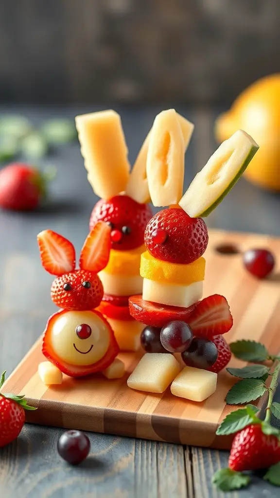 Colorful fruit bunny kabobs made with strawberries, melon, and grapes on a wooden board.