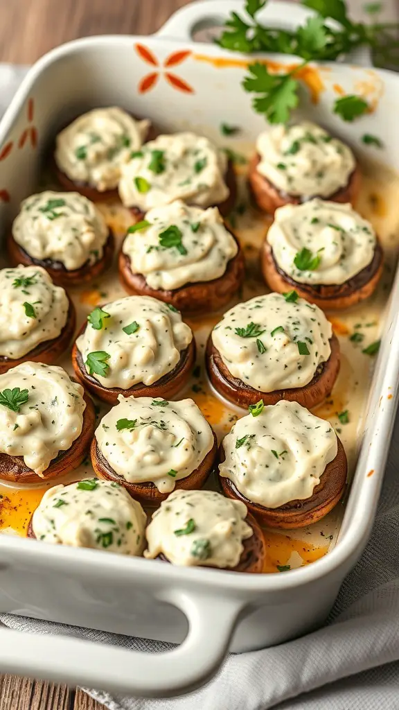 A tray of stuffed mushrooms topped with herb cream cheese and garnished with parsley.