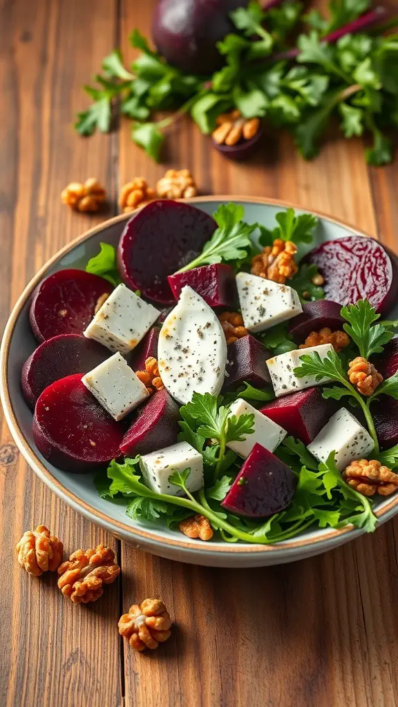 A colorful roasted beet and goat cheese salad with arugula and walnuts on a wooden table.