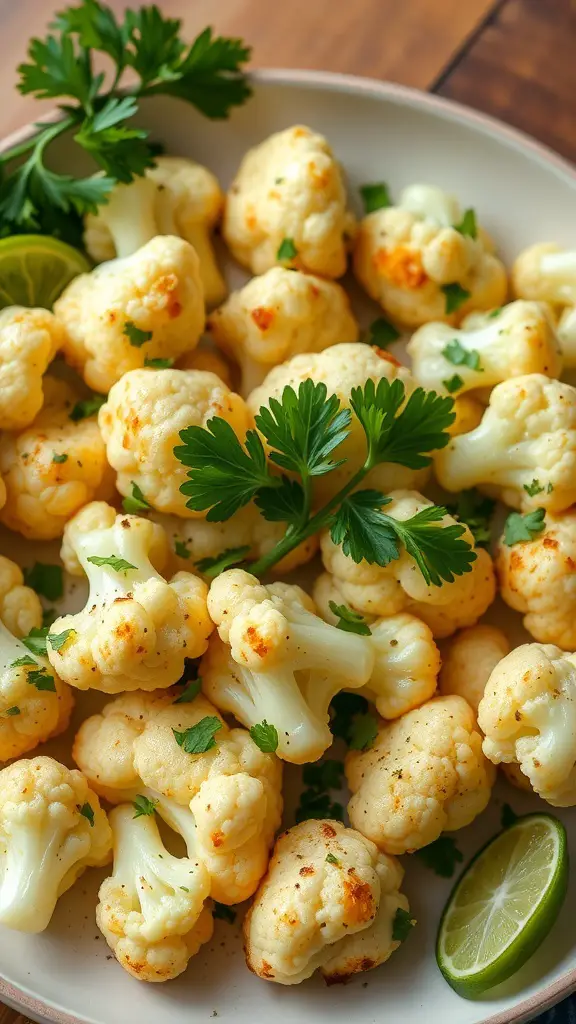 A bowl of garlic Parmesan roasted cauliflower garnished with parsley and lime slices.