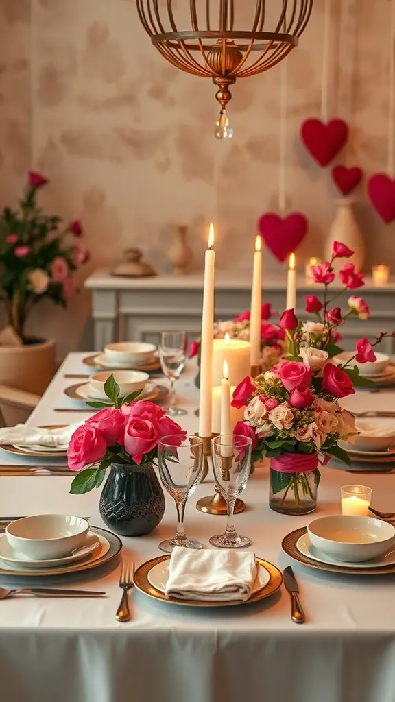A cozy dinner table setting with pink roses, candles, and elegant tableware.