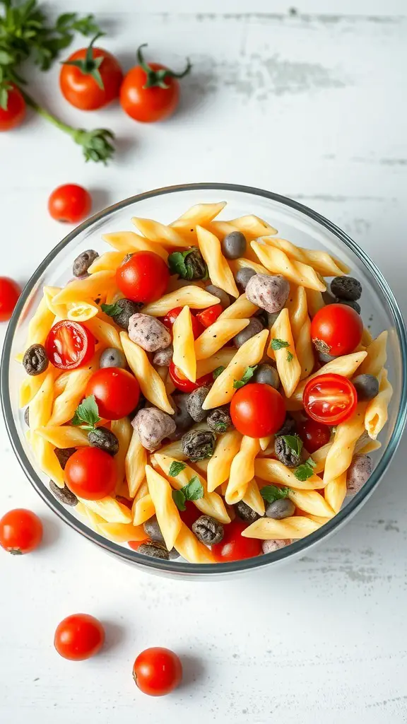 A bowl of colorful pasta salad with cherry tomatoes and olives.