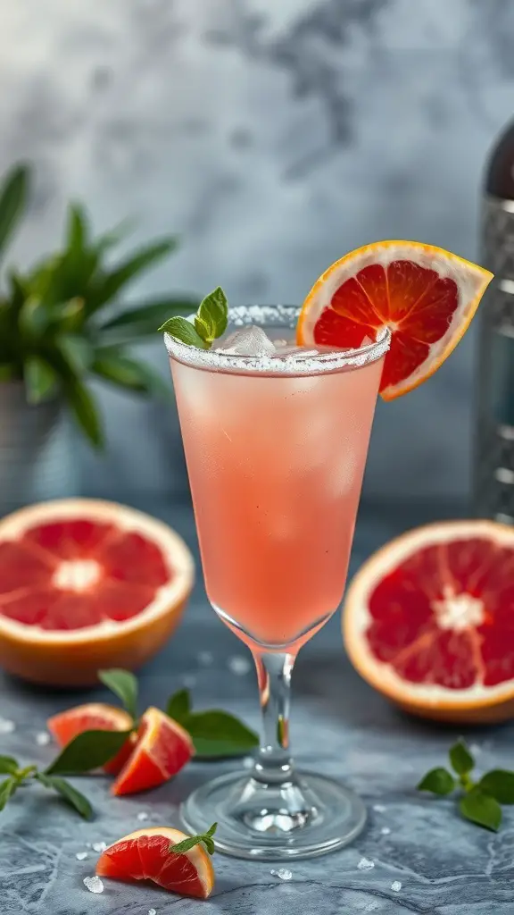 A refreshing Pink Grapefruit Paloma cocktail garnished with a slice of grapefruit and mint leaves, surrounded by fresh grapefruit halves.