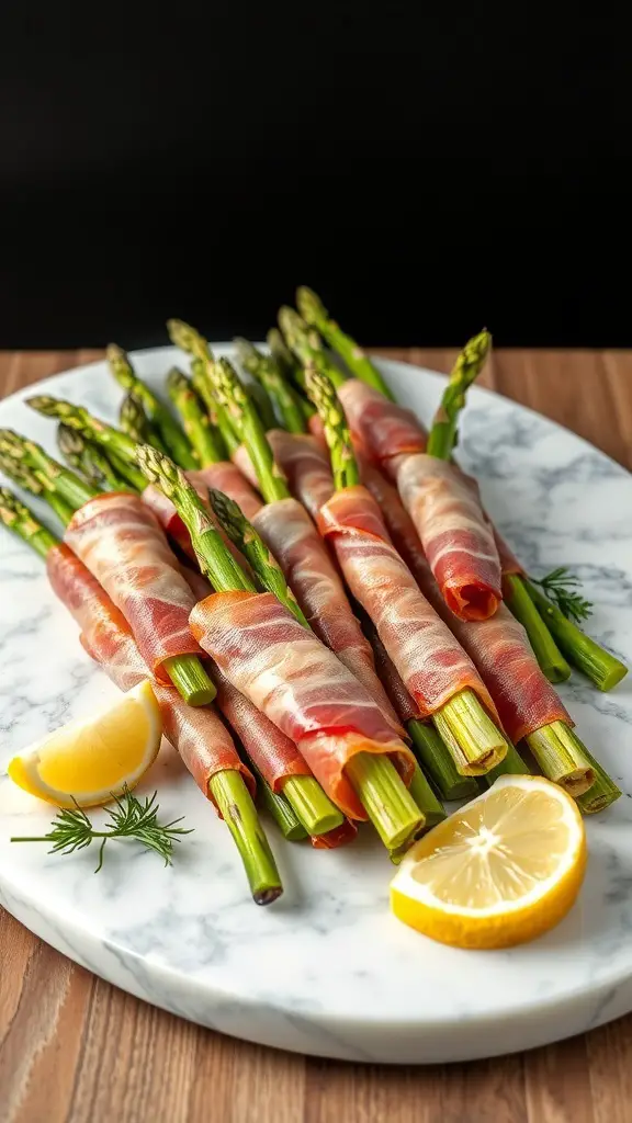 Asparagus spears wrapped in prosciutto on a marble platter with lemon wedges