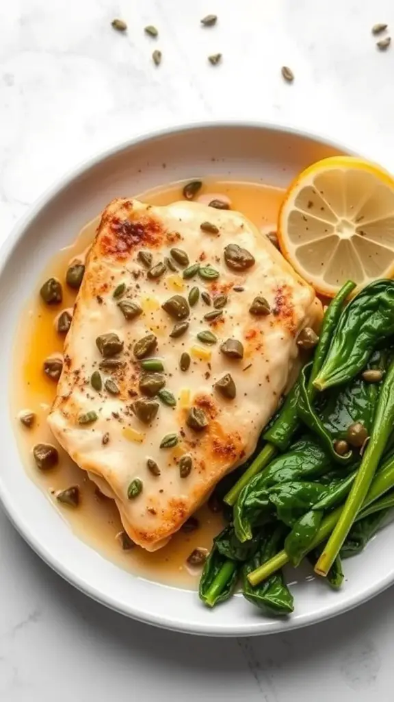 A plate of Chicken Piccata with lemon caper sauce and spinach