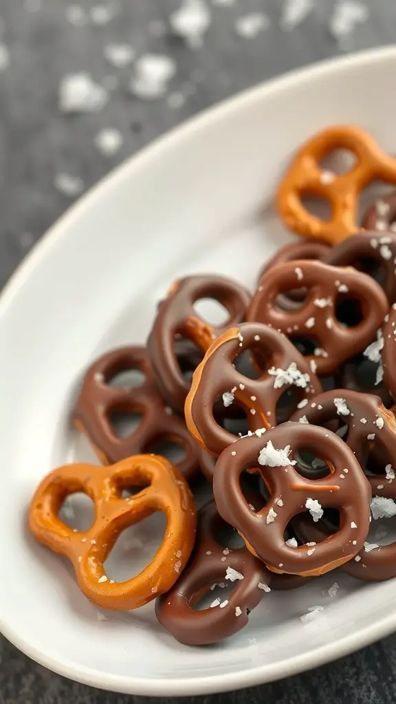 A plate of chocolate-covered pretzels sprinkled with sea salt.