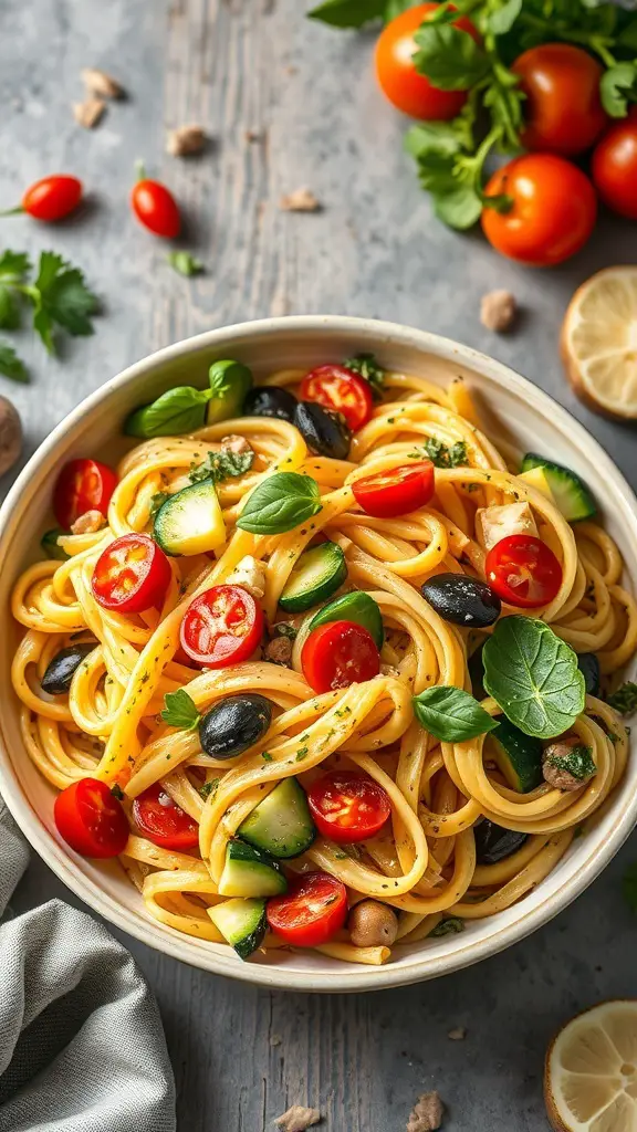 A bowl of Pasta Primavera with cherry tomatoes, zucchini, and basil, surrounded by fresh ingredients.