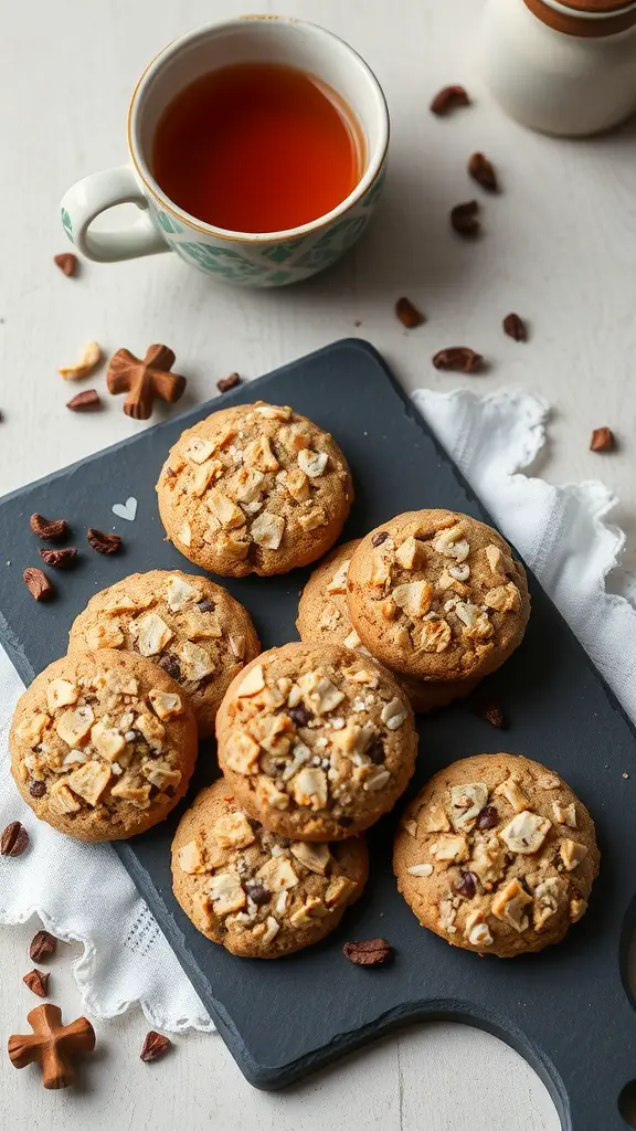A plate of cacao nib coconut cookies with a cup of tea beside them.