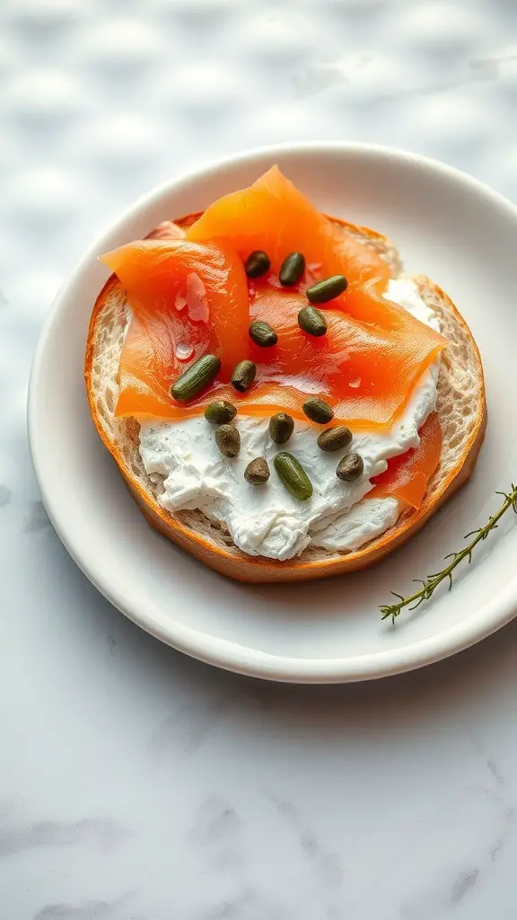 A smoked salmon and cream cheese bagel topped with capers on a white plate.