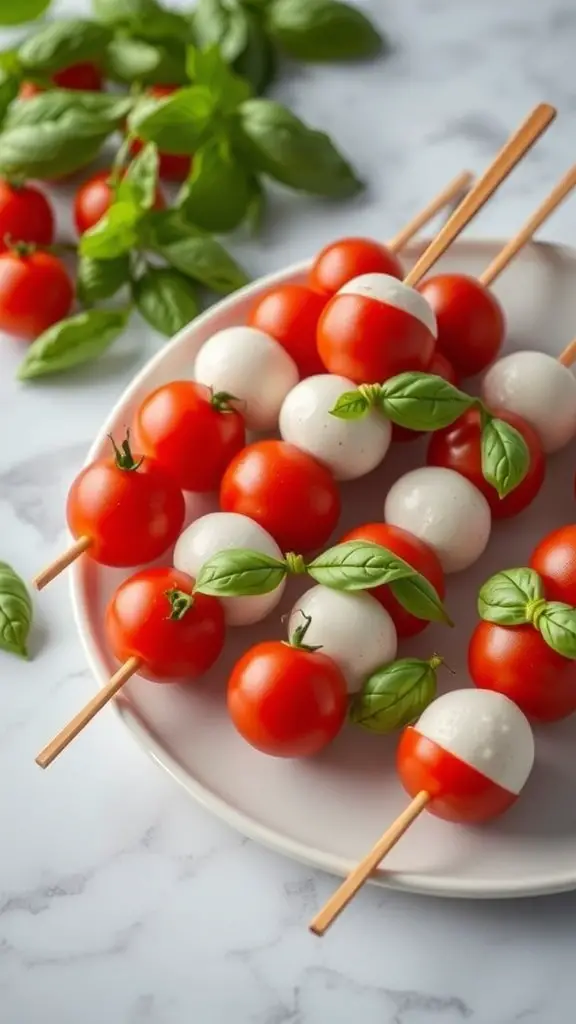 A plate of Caprese skewers with cherry tomatoes, mozzarella balls, and basil leaves.