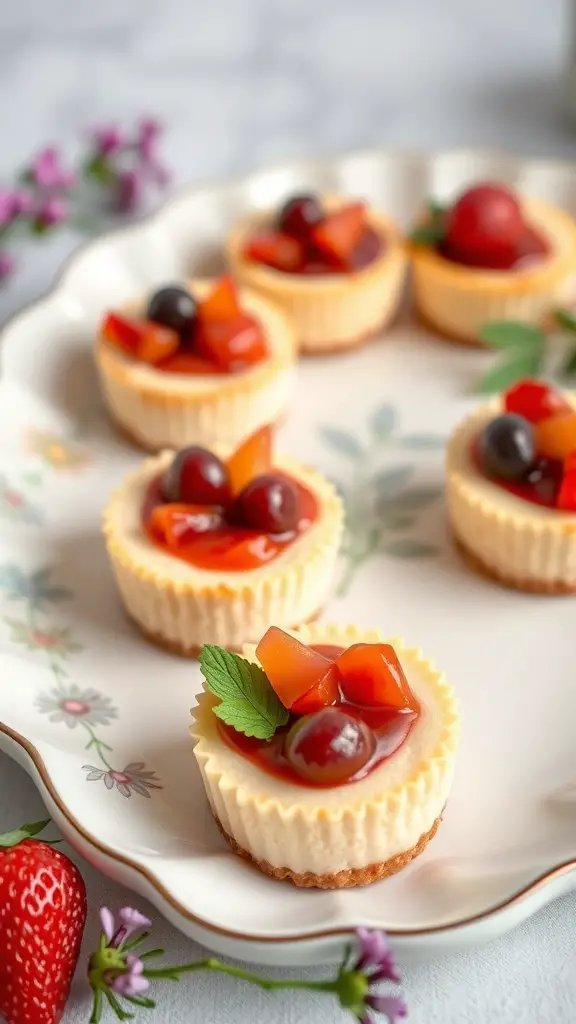Mini cheesecake bites topped with fruit on a decorative plate