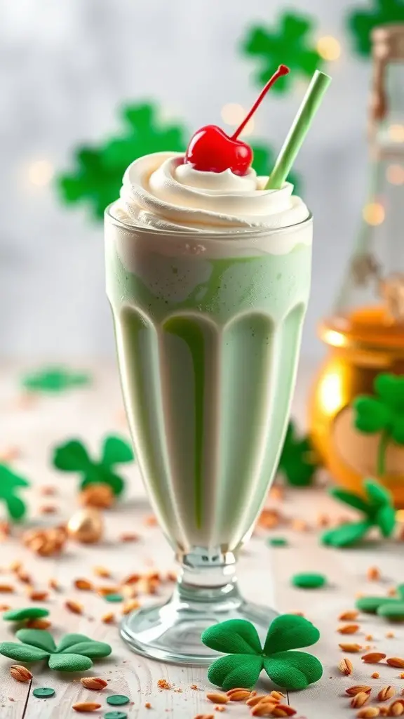 A delicious Shamrock Shake with whipped cream and a cherry on top, surrounded by shamrock decorations.