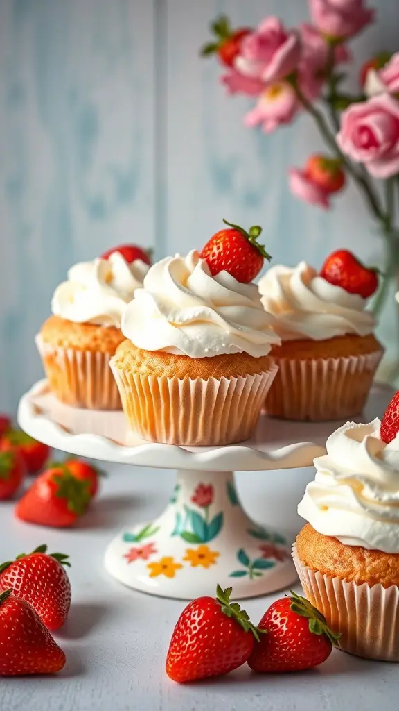 A plate of strawberry shortcake cupcakes topped with whipped cream and fresh strawberries.