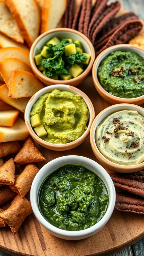 A variety of green dips and spreads on a charcuterie board, including hummus, kale dip, pesto, and herbed yogurt.