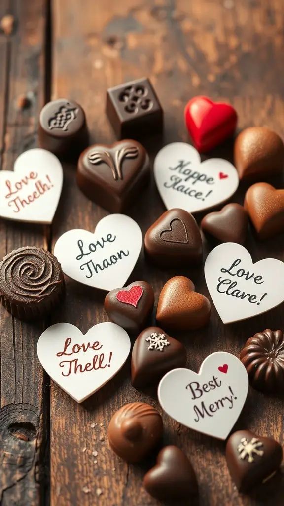 An assortment of personalized love note chocolates with messages on them.