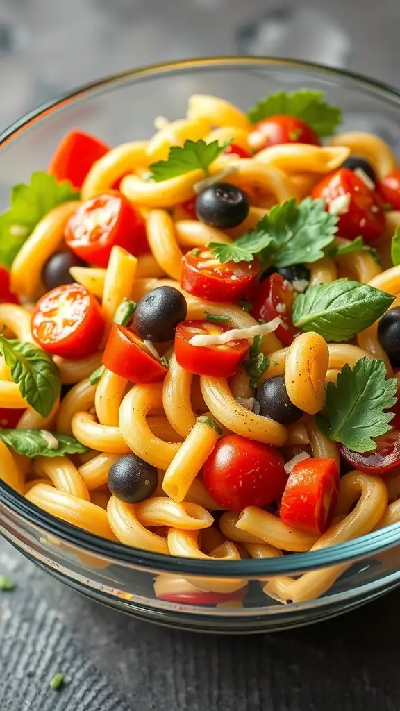 A bowl of pasta salad with cherry tomatoes, black olives, and fresh herbs.