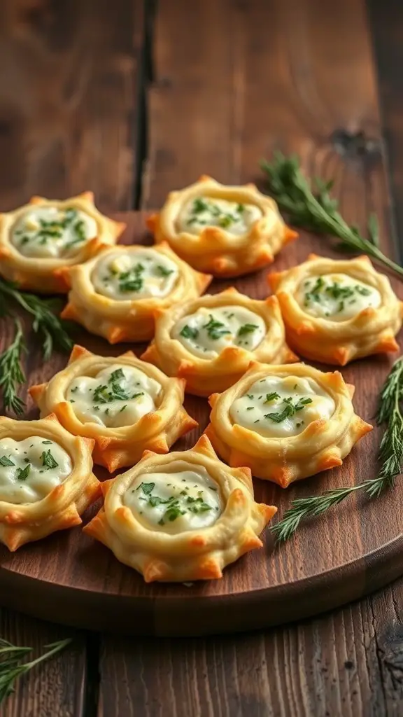 Savory puff pastry bites on a wooden platter, garnished with herbs.