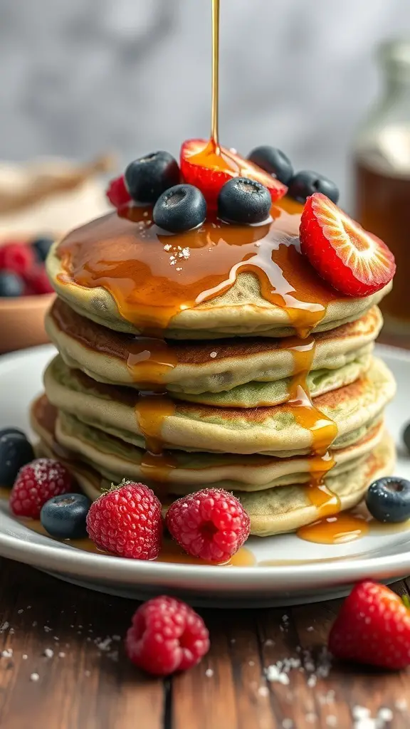 A stack of matcha green tea pancakes topped with fresh berries and syrup.
