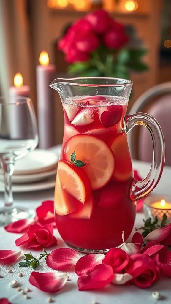 A pitcher of Rose Petal Sangria with lemon slices and rose petals, surrounded by rose petals on a table.