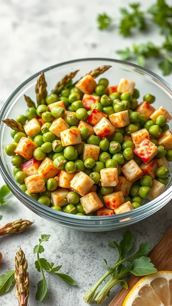 A bowl of asparagus and pea salad with lemon dressing, featuring green peas, chopped asparagus, and colorful diced ingredients.