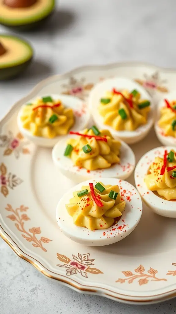 A plate of deviled eggs with avocado filling, garnished with paprika and chives.