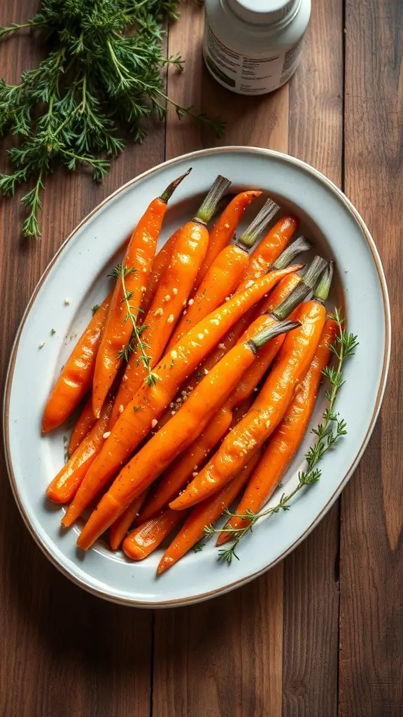 A platter of honey glazed carrots garnished with thyme on a wooden table.