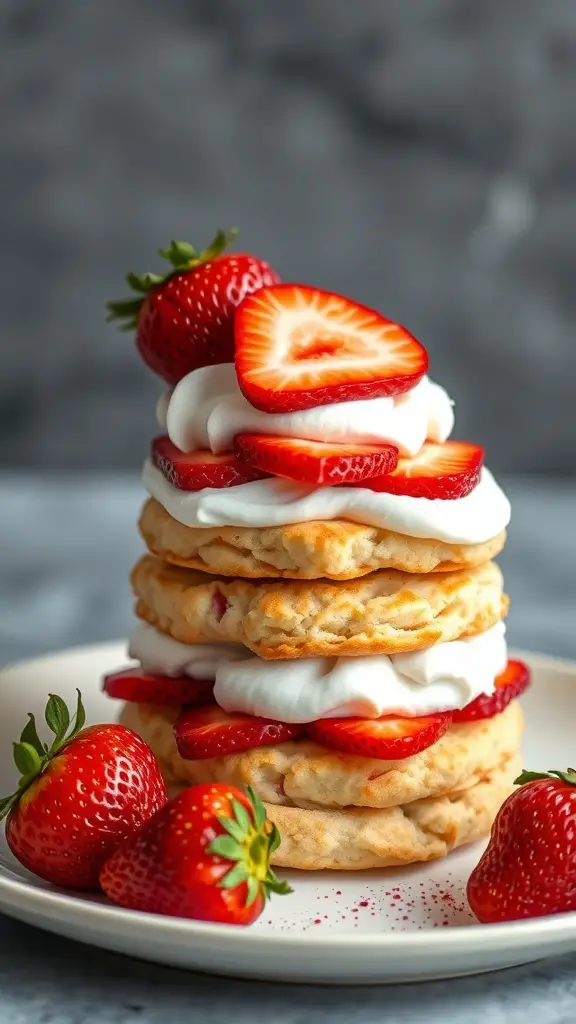 A stack of strawberry shortcake with almond biscuits, topped with fresh strawberries and whipped cream.
