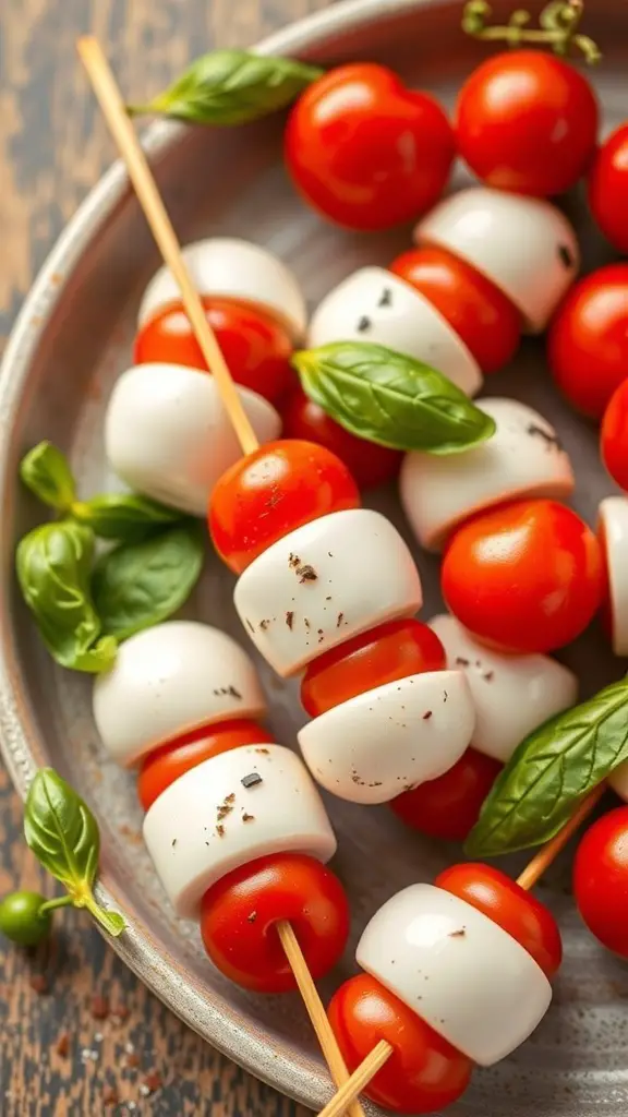 A plate of Caprese salad bites featuring cherry tomatoes, mozzarella, and basil on skewers.