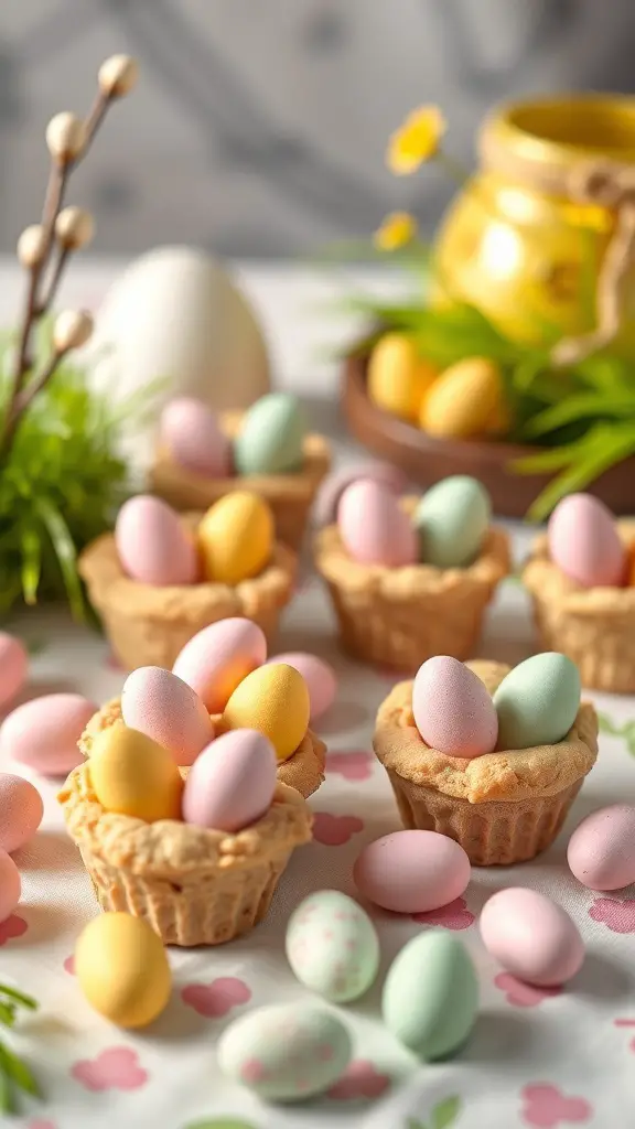 Mini Egg Cookie Cups with colorful mini eggs on a festive table