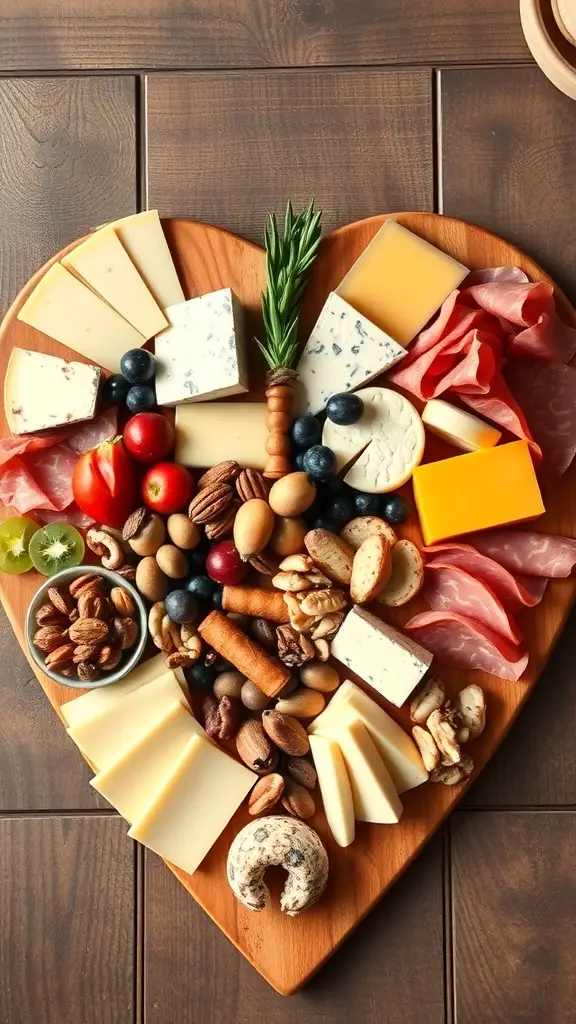 A heart-shaped cheese and charcuterie board featuring various cheeses, cured meats, nuts, and fruits.