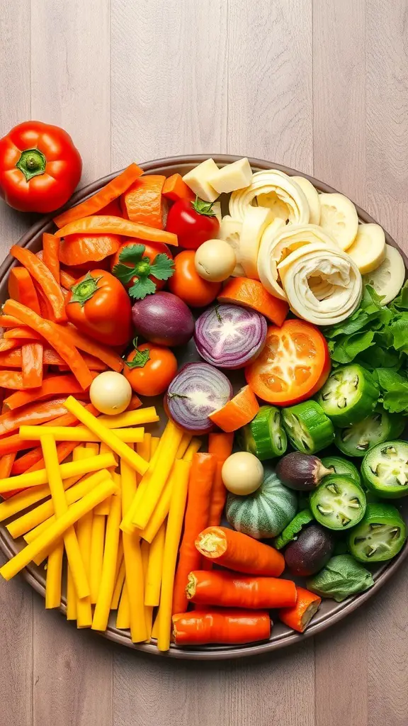 A colorful platter filled with various fresh vegetables arranged in a rainbow pattern.