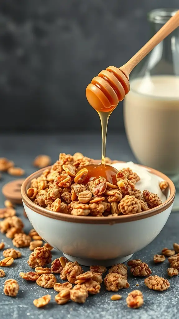 A bowl of nutty granola clusters with honey drizzling over it, surrounded by scattered granola and a glass of milk.