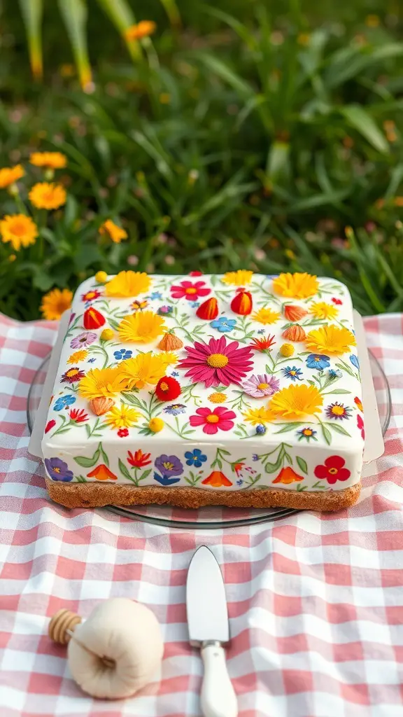 A beautifully decorated wildflower sheet cake with edible flowers on top, placed on a picnic blanket.