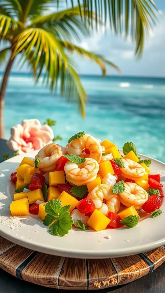 A colorful Tropical Mango and Shrimp Salad served on a plate with a beach background