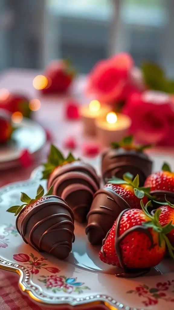 A plate of chocolate-covered strawberries decorated with drizzled chocolate and surrounded by roses and candles.