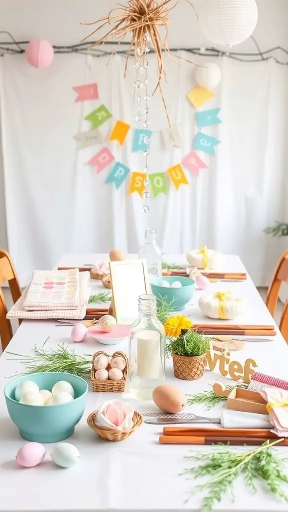 Easter table scape with craft supplies, decorated eggs, and a cheerful banner.