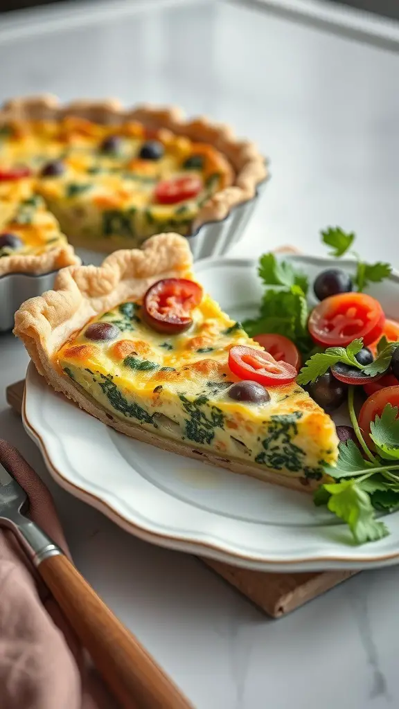 A slice of spring vegetable quiche on a plate with a side salad, showcasing a colorful filling and flaky crust.
