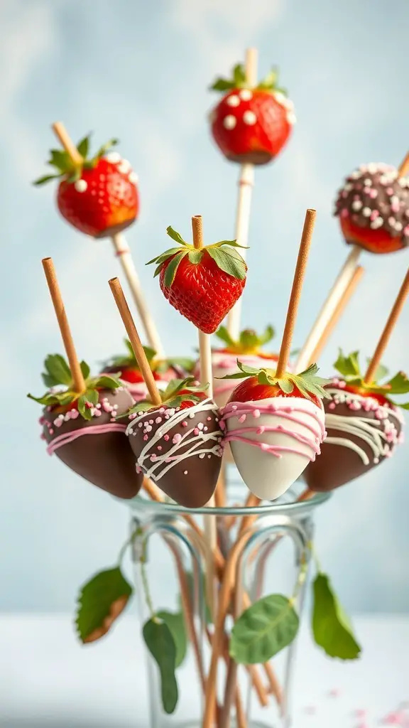 Colorful chocolate-covered strawberry pops arranged in a glass vase