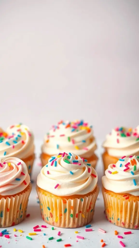 Colorful heart-shaped funfetti cupcakes with sprinkles on top.