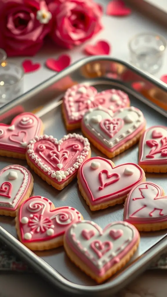 A tray of heart-shaped cookies decorated with pink and white royal icing, surrounded by roses and heart-shaped confetti.