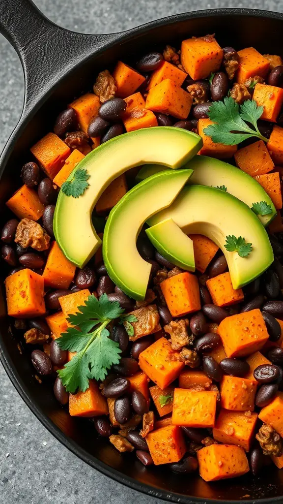 A skillet filled with sweet potato and black bean hash, topped with avocado slices and cilantro.