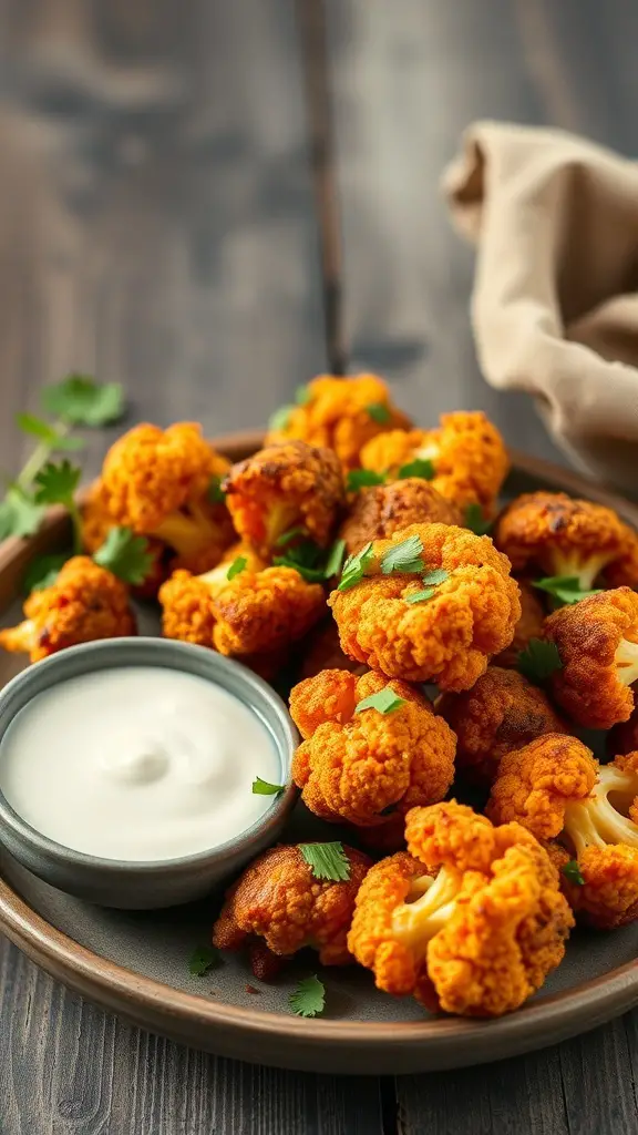 A plate of golden buffalo cauliflower bites with a bowl of dipping sauce