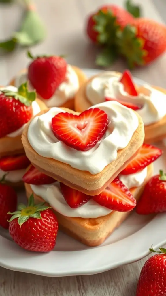 Heart-shaped strawberry shortcake topped with whipped cream and fresh strawberries