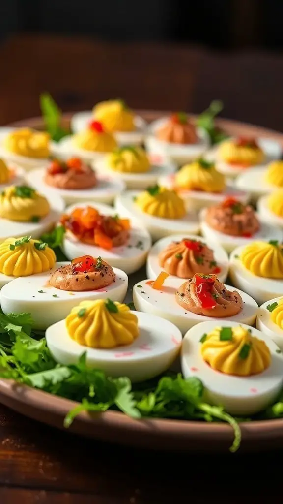 A colorful platter of deviled eggs with various toppings, garnished with herbs.