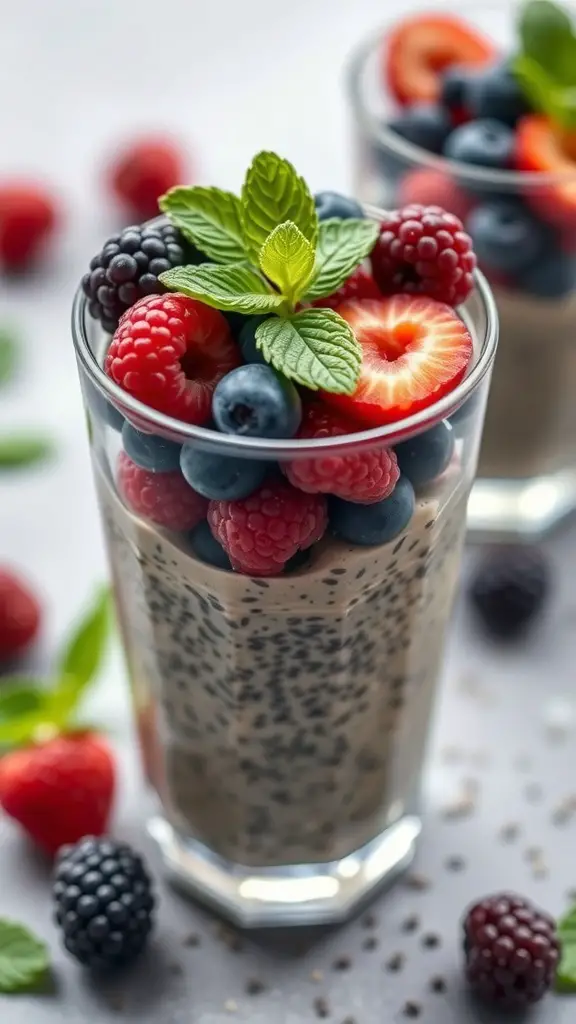 Chia seed pudding topped with fresh berries and mint leaves in a glass
