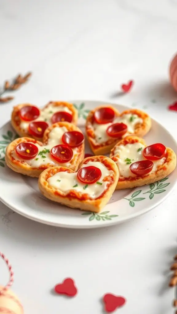 A plate of heart-shaped pizza bites topped with cheese and pepperoni.