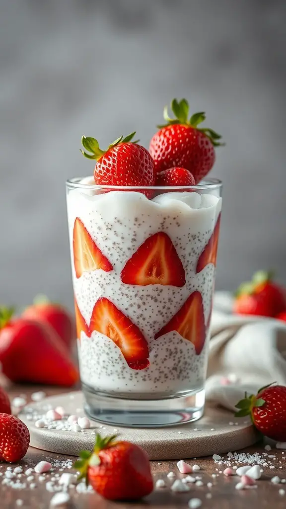 A glass of strawberry coconut chia pudding topped with fresh strawberries, surrounded by more strawberries on a wooden surface.