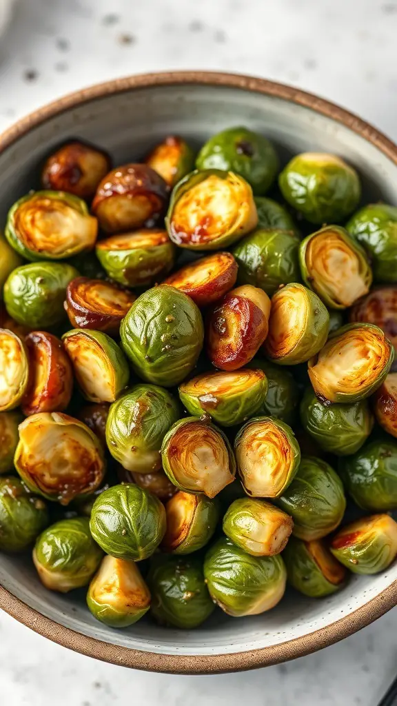 A bowl of roasted Brussels sprouts drizzled with balsamic glaze.
