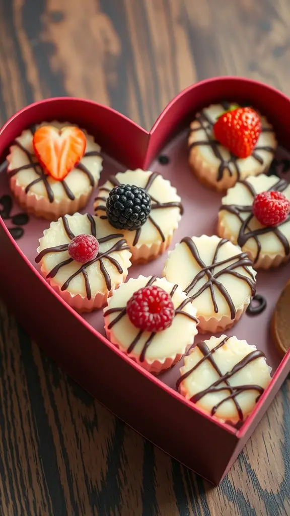 A heart-shaped box filled with mini cheesecake bites topped with fruits and chocolate drizzle.